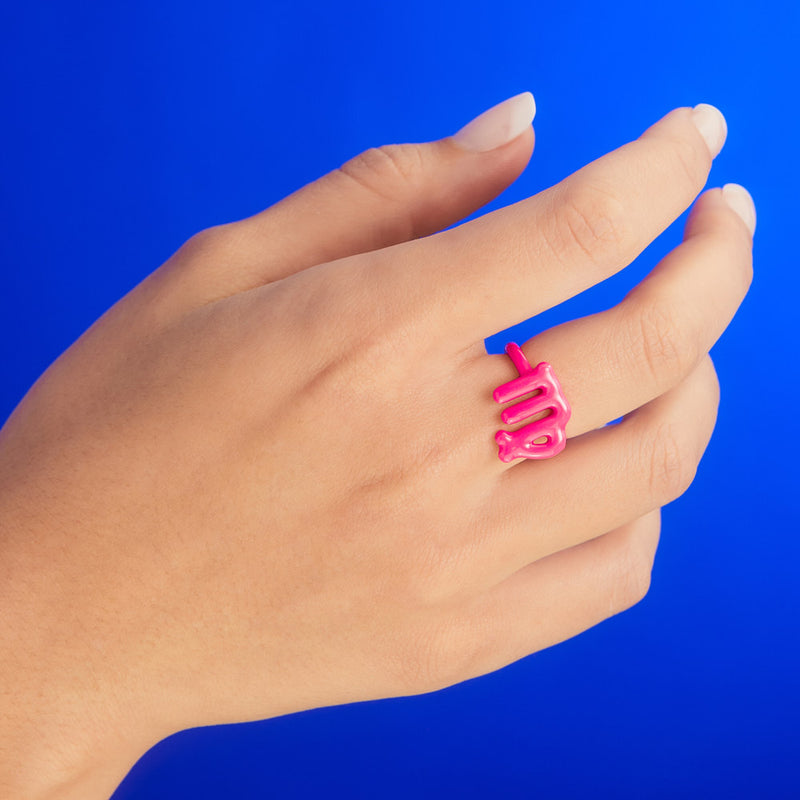 Virgo Hotglyph Zodiac Ring Neon Pink Enamel and Sterling Silver by Hotlips by Solange On Hand