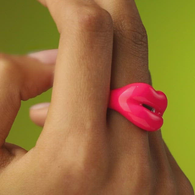 Neon Pink Hotlips by Solange Enamel silver ring video on hand