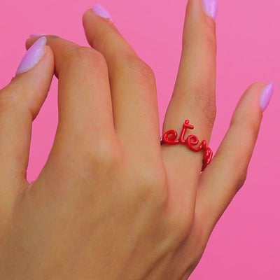 Eternity Written Word Ring Red Enamel and Silver by Hotlips by Solange video on hand