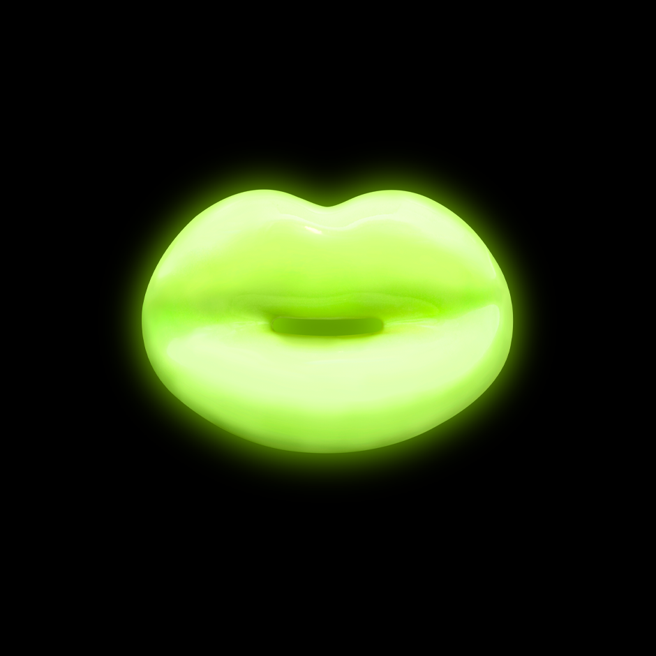Glow in the Dark silver and enamel hotlips ring night front view
