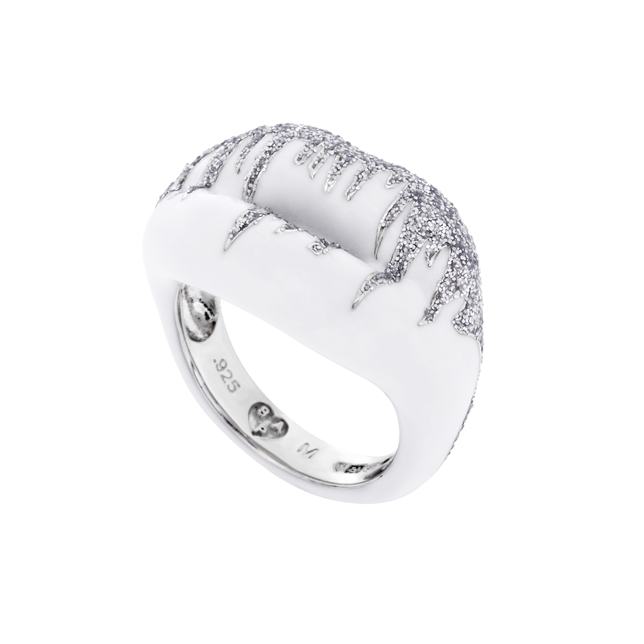 Icicles White & Glitter silver Hotlips ring by Solange side view