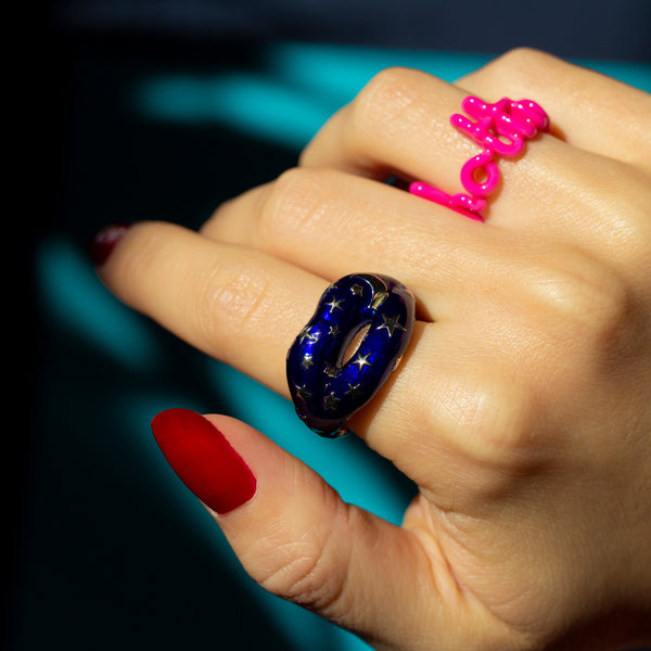 Starry Night Hotlips Ring by Solange on hand with Hottie ring