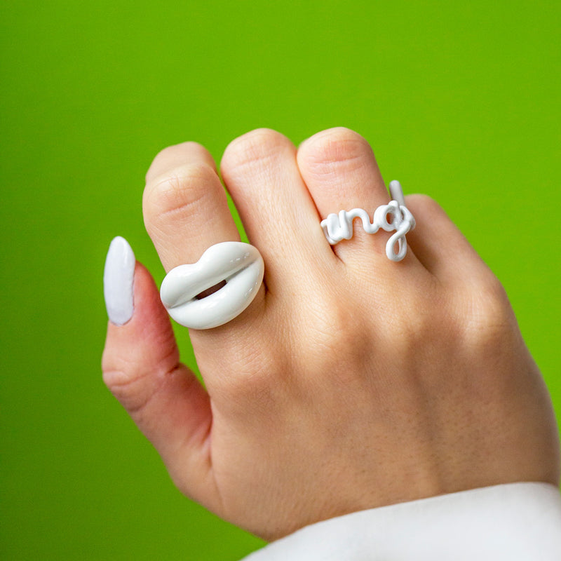 White Hotlips ring and angel ring silver and enamel