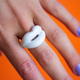 White Hotlips ring silver and enamel on hand